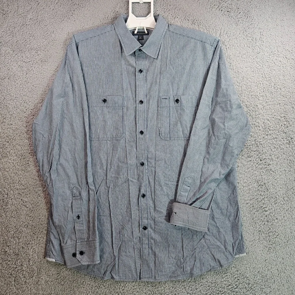 Banana Republic Shirt Men XL 17-17.5 Flip Cuff Button Up Blue‎ White Striped